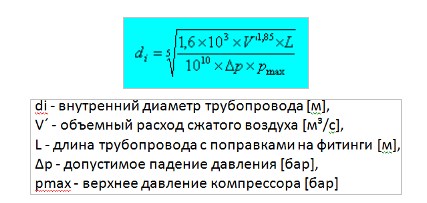 Формула работы калькулятора для расчёта диаметра пневмолинии (пневмомагистрали)